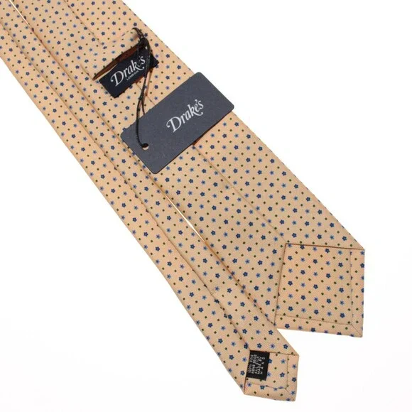 Drake's NWT Neck Tie Beige w/ Blue & Green Mini Floral / Geo Pattern 100% Silk
